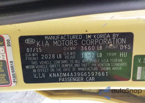 2016 Kia Rio Lx из США, поврежденный, VIN KNADM4A39G6597661